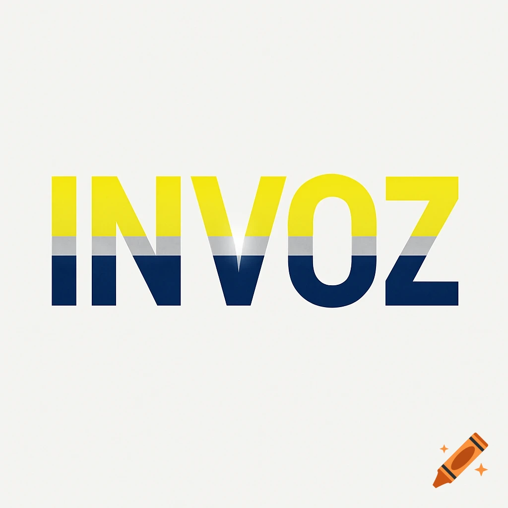 The word INVOZ with a three-color horizontal split: yellow top, silver middle, navy blue bottom.