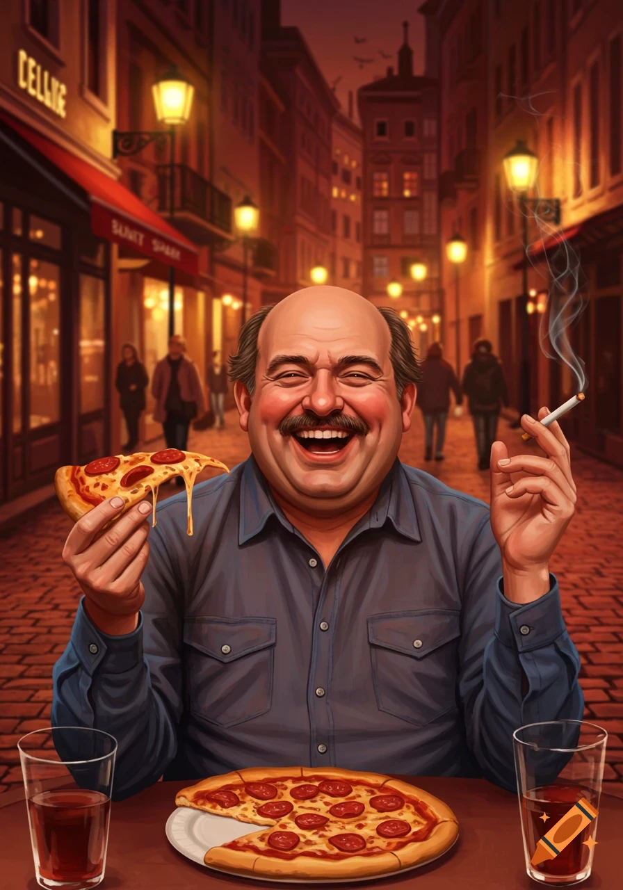 A laughing, balding man with a mustache sits at an outdoor cafe at night, holding a slice of pizza and a lit cigarette. A whole pizza and drinks are on the table. Illuminated buildings line the street in the background.