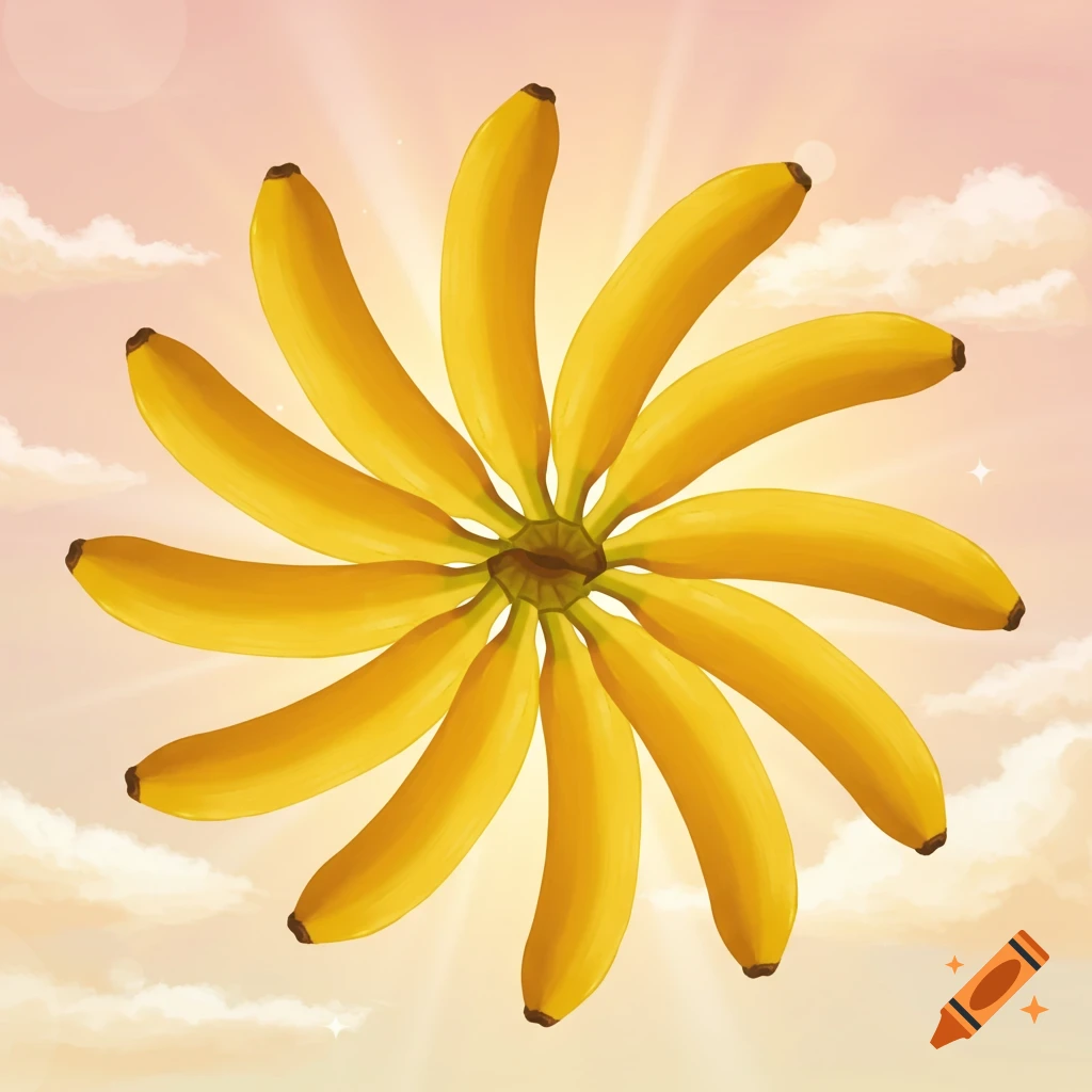 Bananas arranged in a sun-like pattern against a pink and orange sky with clouds and sunrays.