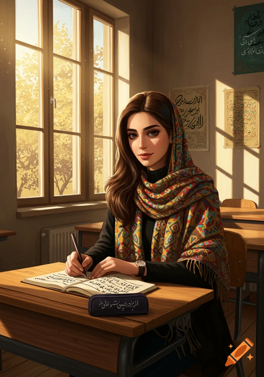 Digital art illustration of a young woman wearing a headscarf, writing in a notebook at a wooden desk in a sunlit classroom.
