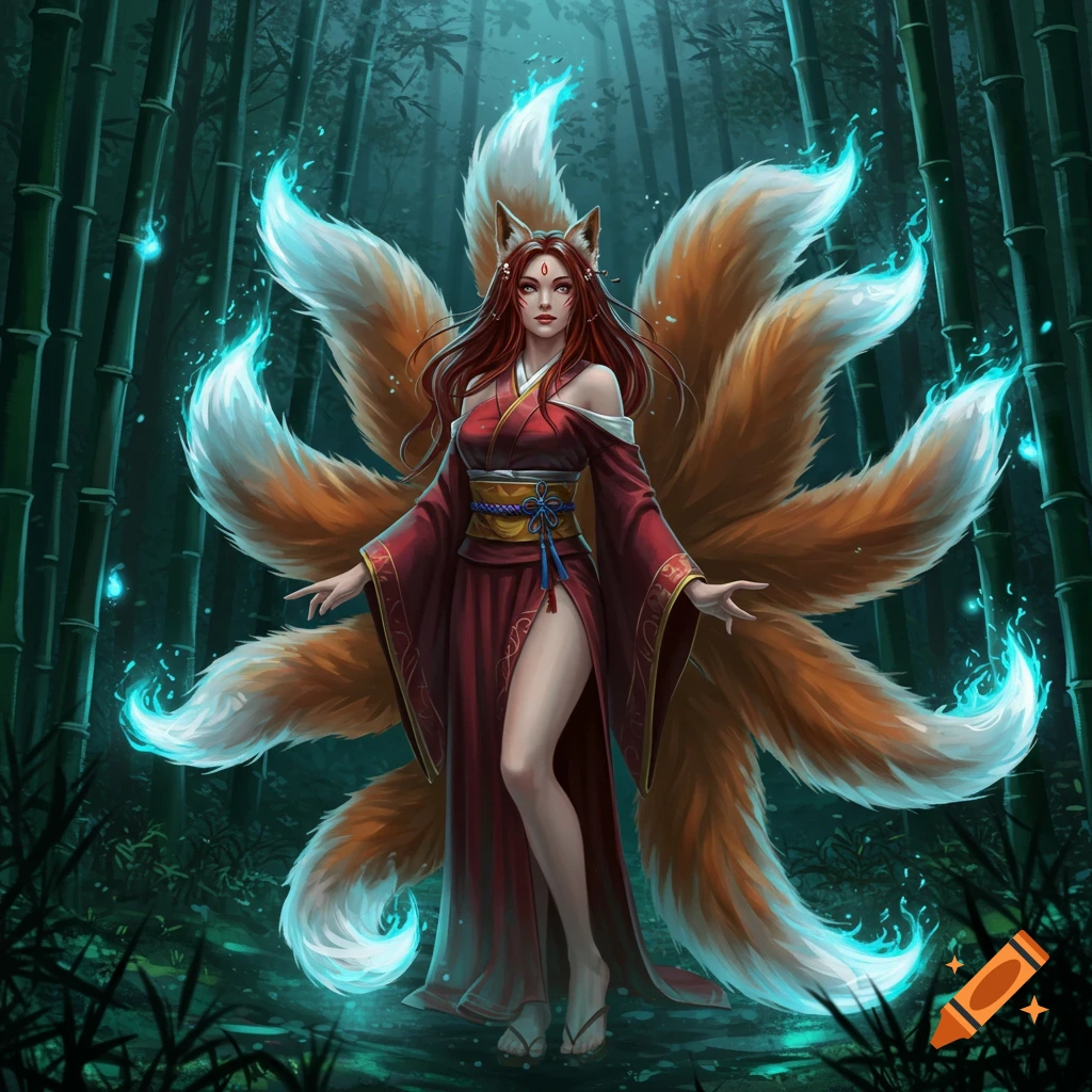 A Kitsune woman with red hair and nine fluffy, glowing fox tails stands in a bamboo forest.