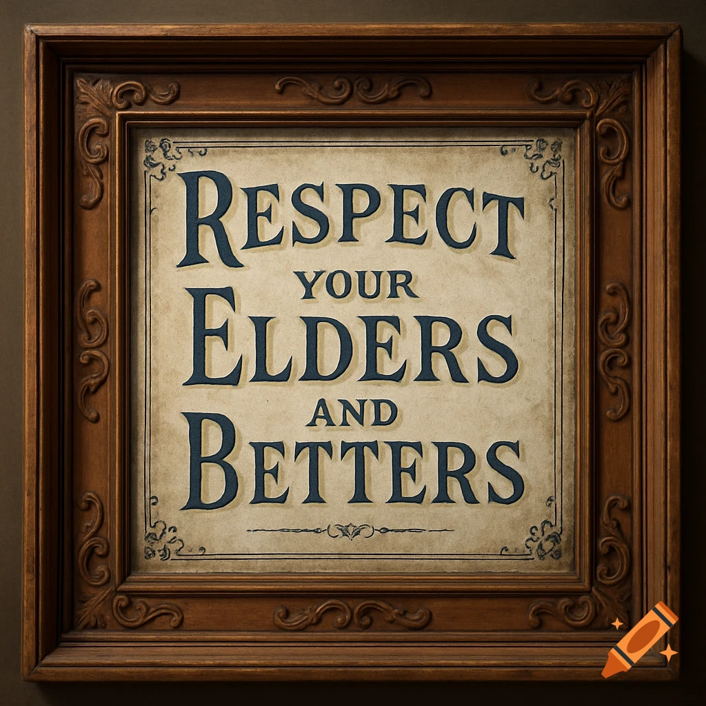 A vintage wooden-framed sign with the text 'Respect Your Elders And Betters' in a Victorian style.