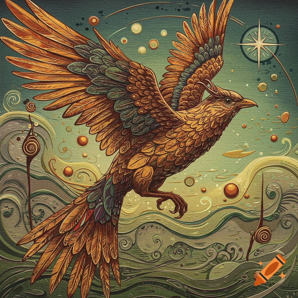 A golden stylized bird with spread wings flies over swirling green and brown waves under a starry sky in a woodcut art style.