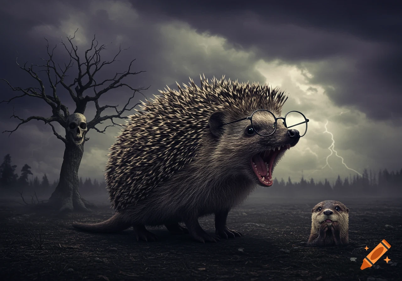 A giant hedgehog with glasses screams, mouth agape, standing on dark ground under a stormy sky with lightning. A small otter peeks from the ground. A dead tree with a skull hangs nearby.