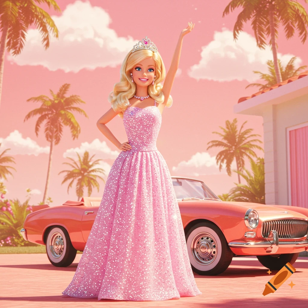 A Barbie-like doll in a sparkling pink gown stands next to a pink classic convertible under a pink sky with palm trees.