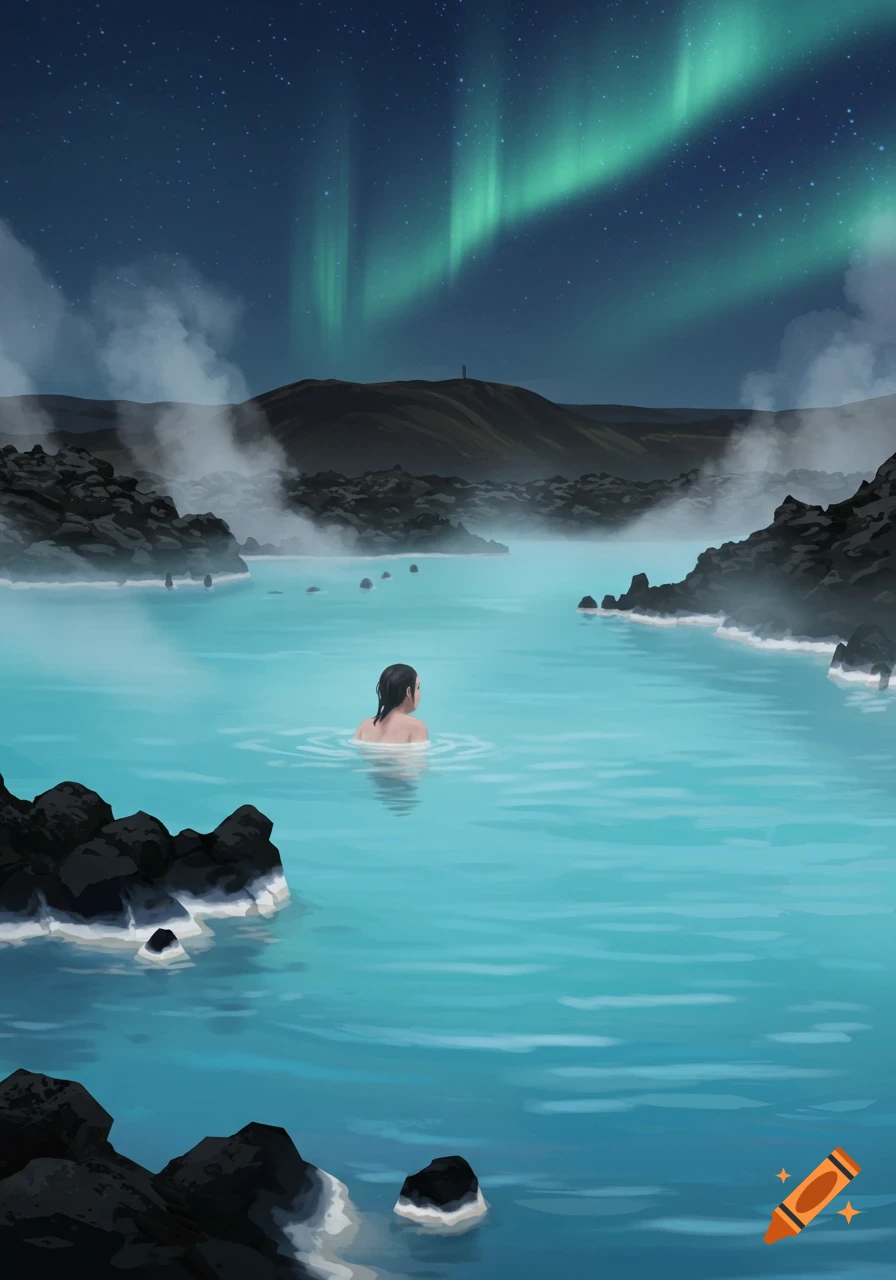 A person baths in a steaming blue lagoon at night, with green aurora borealis in the dark sky above rocky mountains. Stylized art.