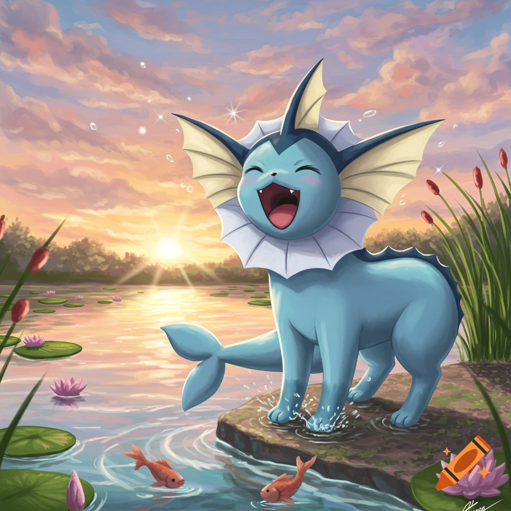 Vaporeon laughing happily by a sunlit lake with fish and lily pads, in a cartoon style.