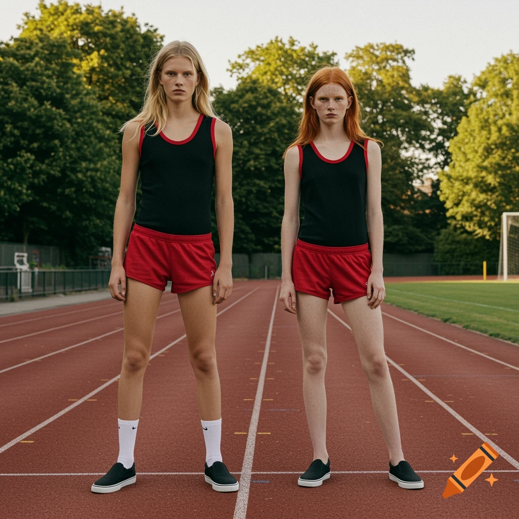 Two female models in black tank tops and red shorts standing on a red athletics track.