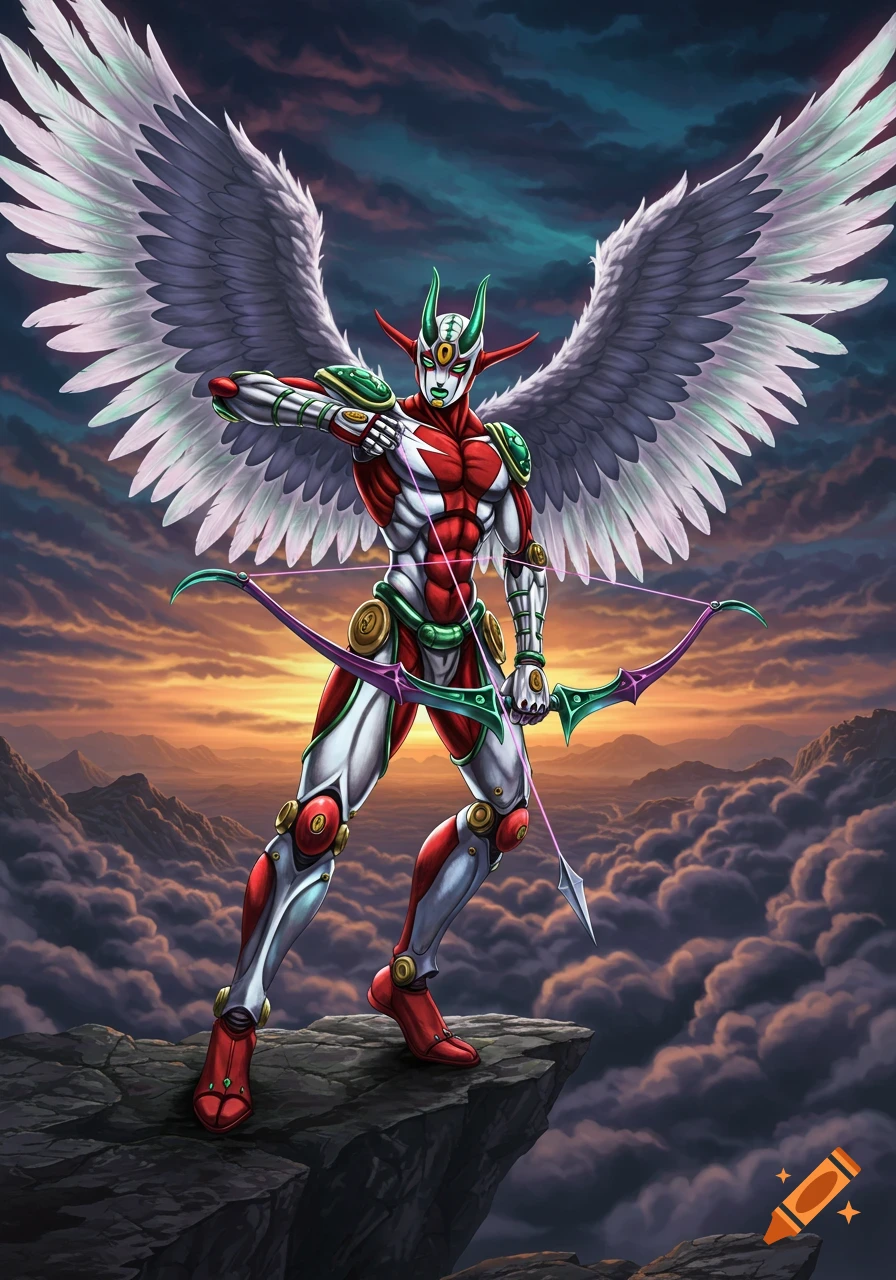 A red, white, and green winged humanoid figure in armored suit holds a bow and arrow, standing on a rocky cliff above clouds at sunset in an anime style.