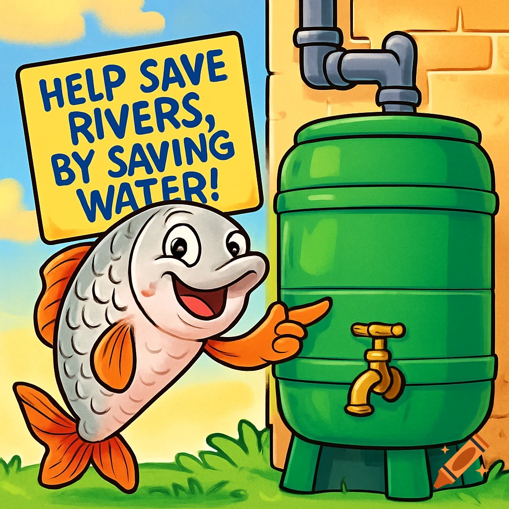 A friendly cartoon fish points to a green water butt, holding a yellow sign that reads 'HELP SAVE RIVERS, BY SAVING WATER!'