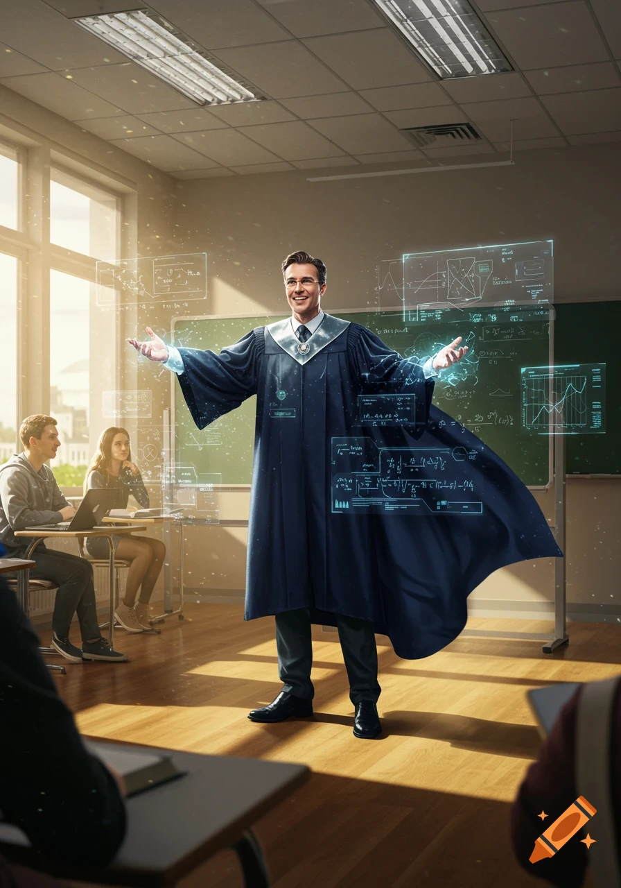 A smiling professor in a dark blue gown teaches in a sunlit classroom, surrounded by glowing holographic projections of scientific data and equations.