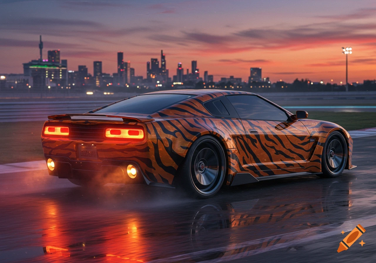 A custom tiger-striped sports car on a wet road at sunset, with a city skyline in the background.