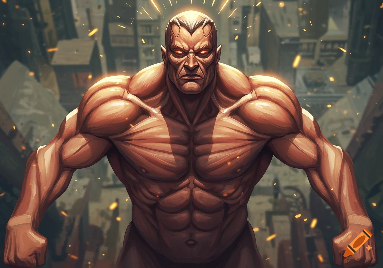 A bald, muscular figure with exposed anatomy and glowing red eyes stands menacingly over a destroyed city, in a graphic novel style.