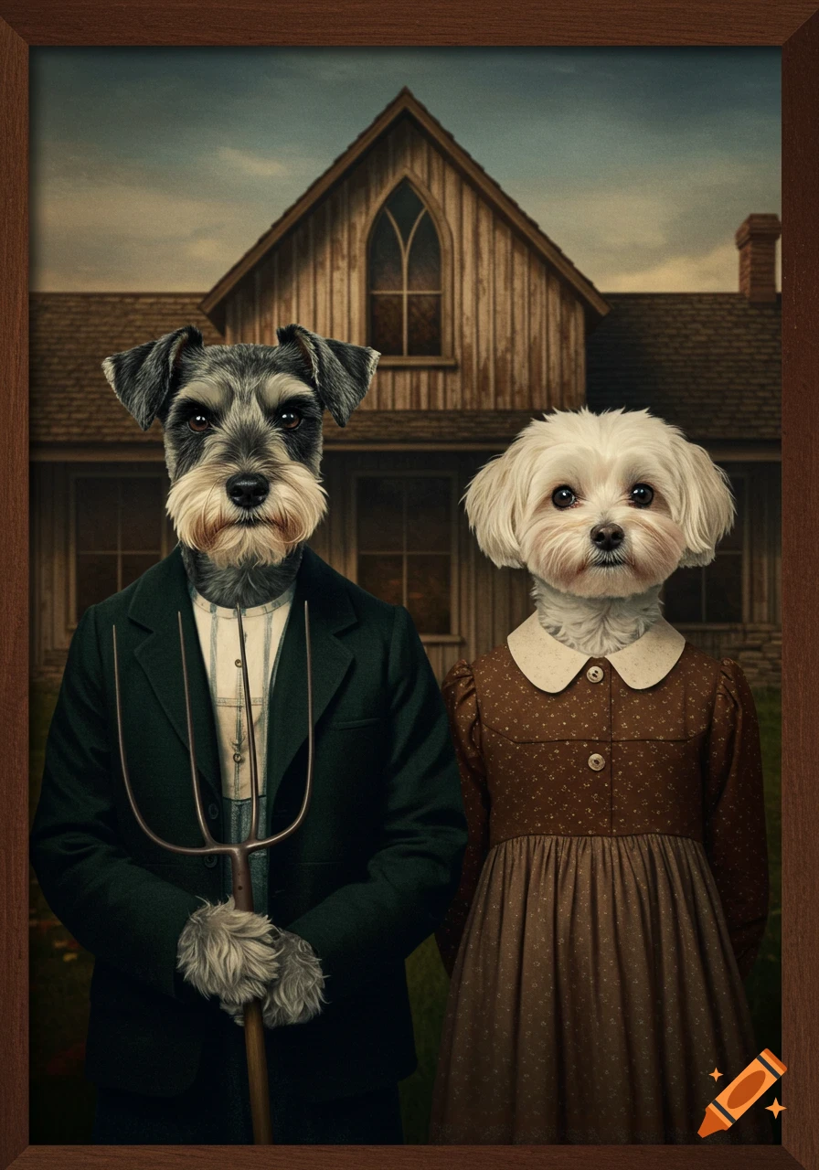 Painting of a Schnauzer and a white Maltese dog in 19th-century farm attire with a pitchfork in front of a farmhouse, in the style of American Gothic.