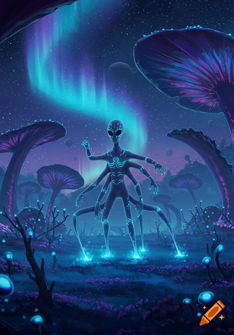 A multi-limbed alien with glowing patterns stands in a bioluminescent alien landscape with large mushrooms and an aurora in the sky.