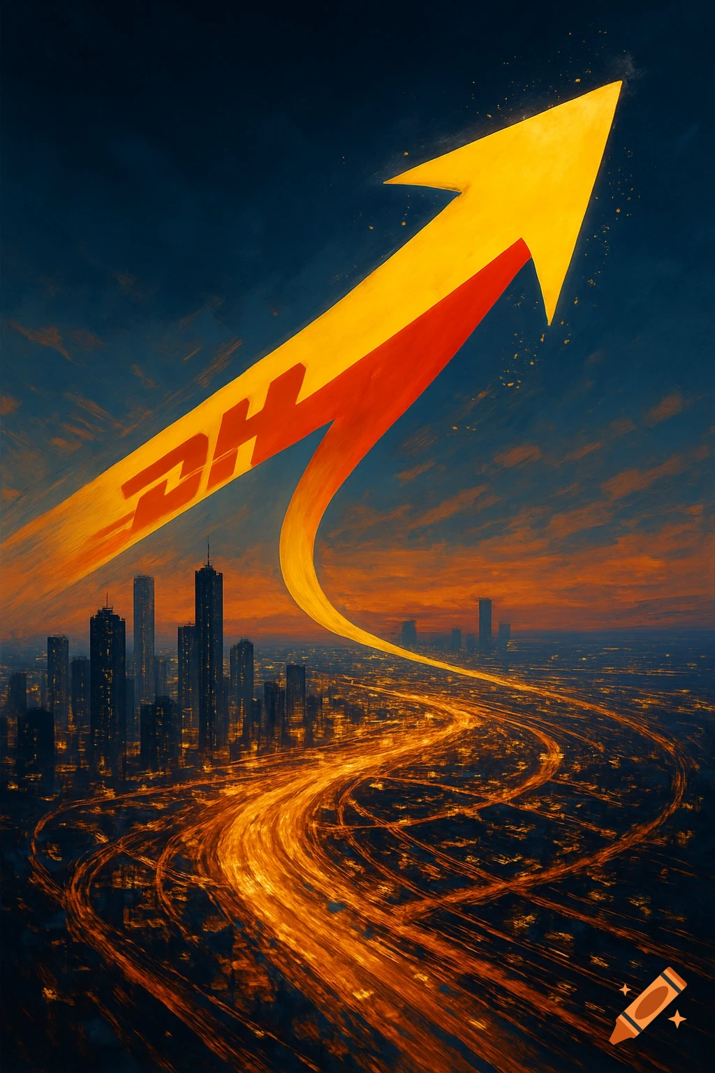 Stylized city at night with glowing lights and a large yellow and red DHL arrow rising into the dark sky.