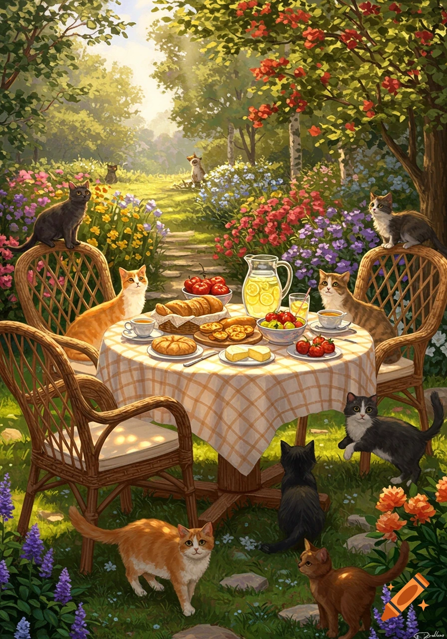 Illustrated scene of cats having a picnic lunch at a table in a sunny, flower-filled garden.