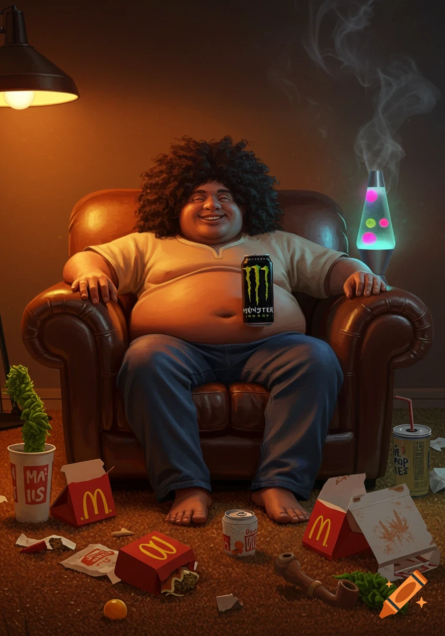 A fat man with curly hair smiles while sitting in a leather armchair, holding a Monster energy drink. McDonald's trash, a lava lamp, and cannabis paraphernalia litter the floor around him.