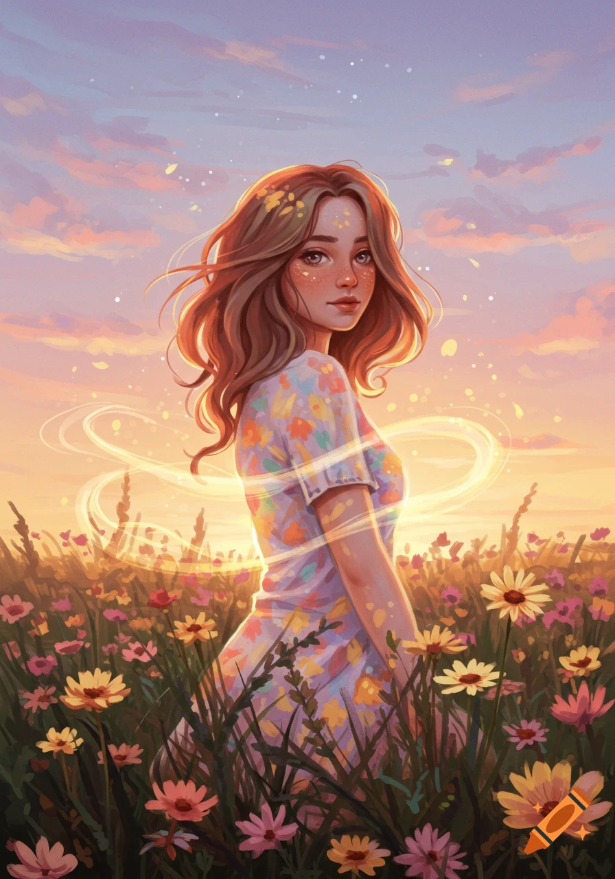 Illustrated portrait of a young woman with brown hair and freckles, standing in a field of colorful wildflowers at sunset, with glowing light trails around her.