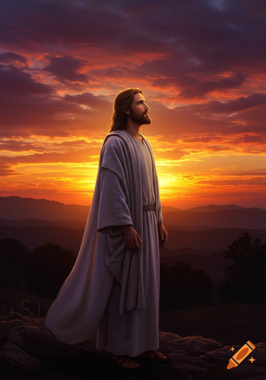 A painting of Jesus standing on a hill, looking up at a vibrant orange and purple sunset over mountains.