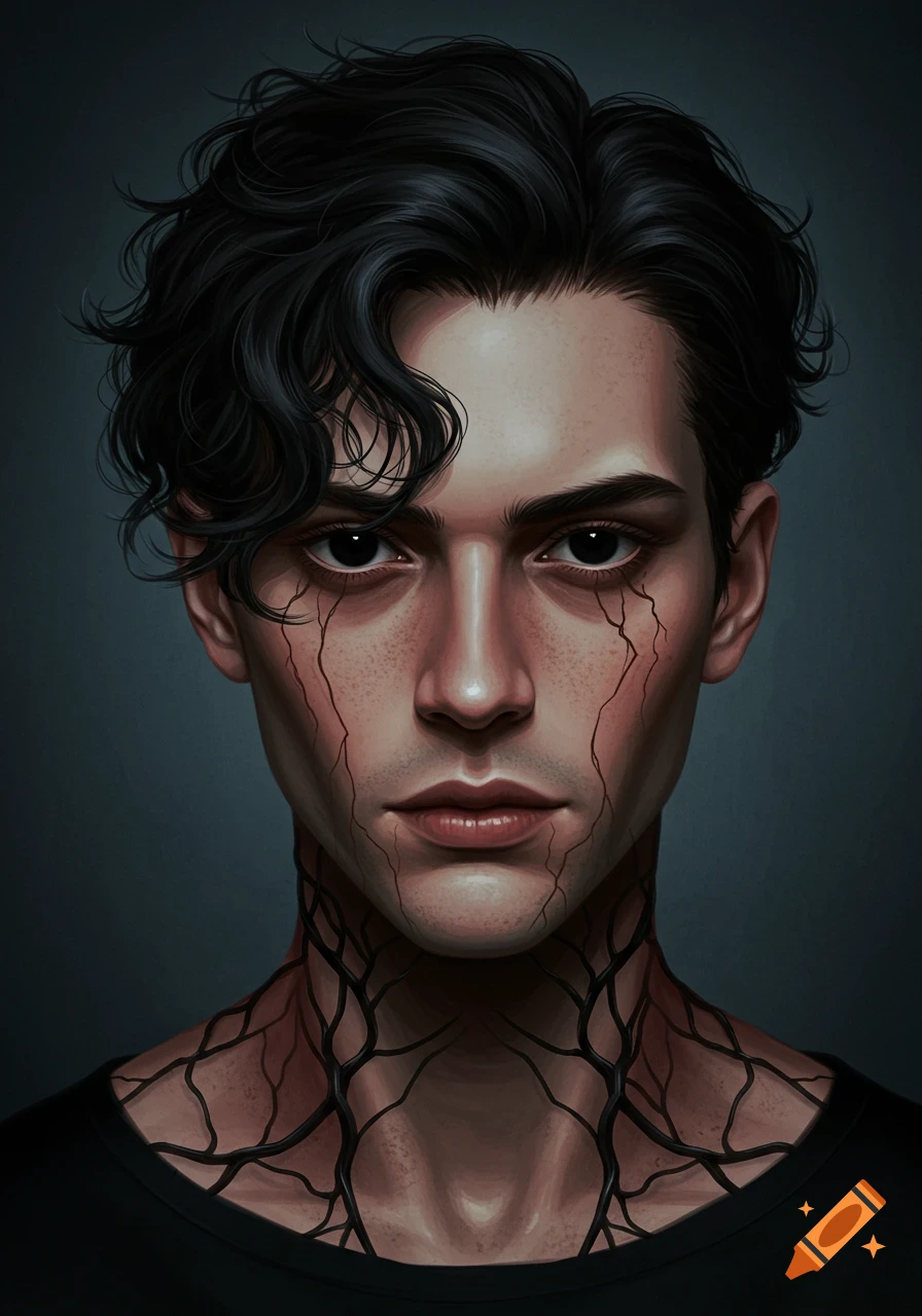 Stylized portrait of a man with black, crack-like veins on his face and neck, against a dark background.