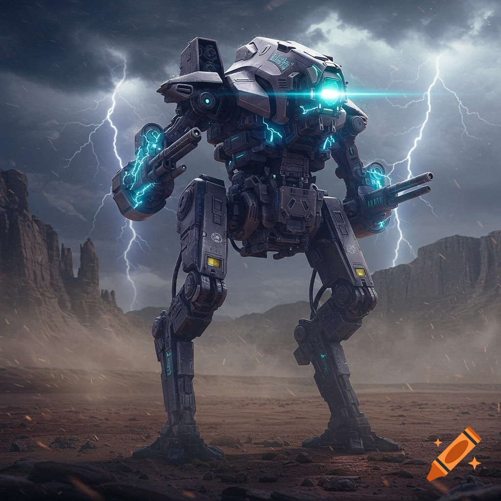A powerful futuristic warbot with glowing blue energy standing in a stormy desert landscape with lightning.