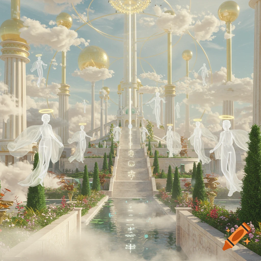 A beautiful, bright fantasy scene depicting a grand white temple with golden pillars, surrounded by clouds and lush gardens, with ethereal, glowing figures resembling angels floating around. Stylized symbols are on the stairs and in the water.