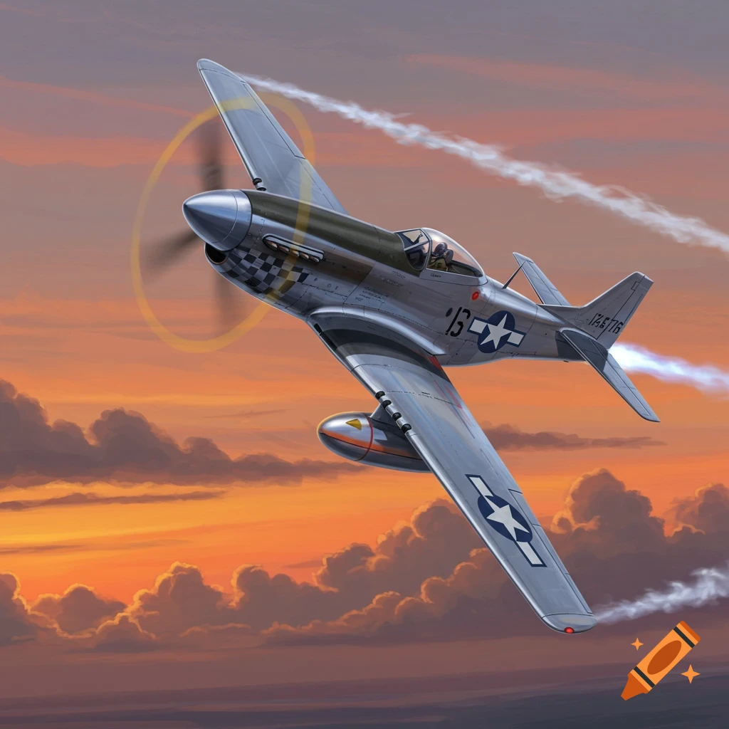 An illustrated P-51 Mustang aircraft with a checkerboard nose flies through a cloudy orange and purple sunset sky.