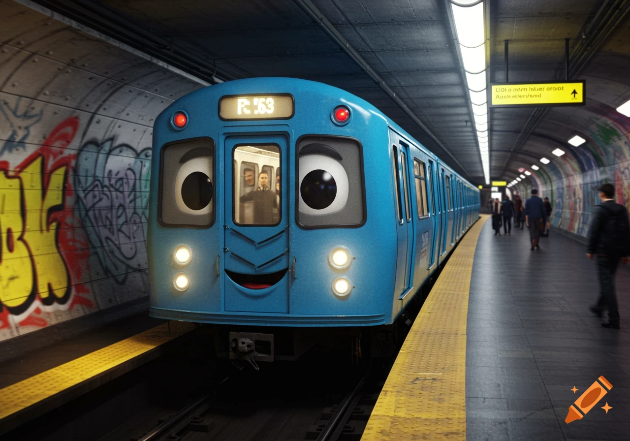 A cartoon-faced blue subway train with large eyes and a smile pulls into a graffiti-covered subway station where passengers wait on the platform.