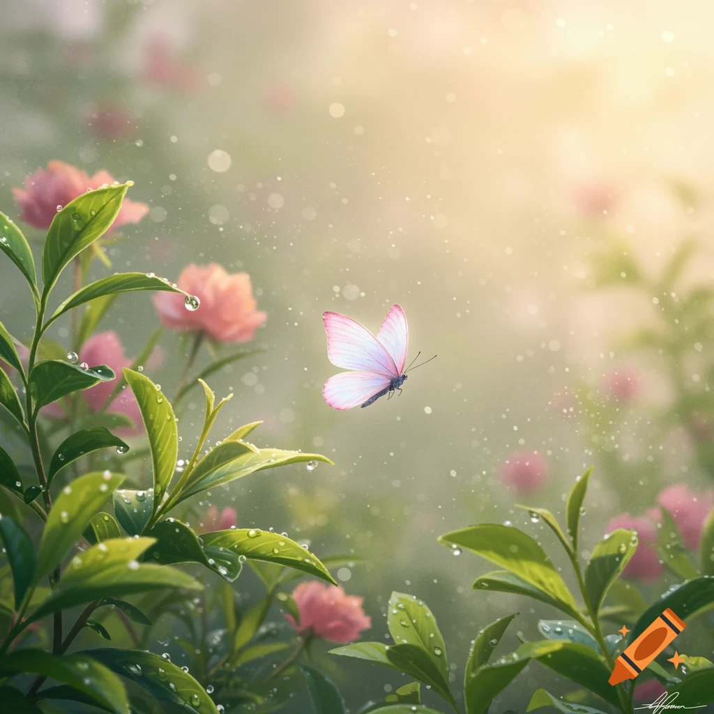 A light pink butterfly flies over lush green leaves with dew drops and blurred pink flowers in a sunlit garden.
