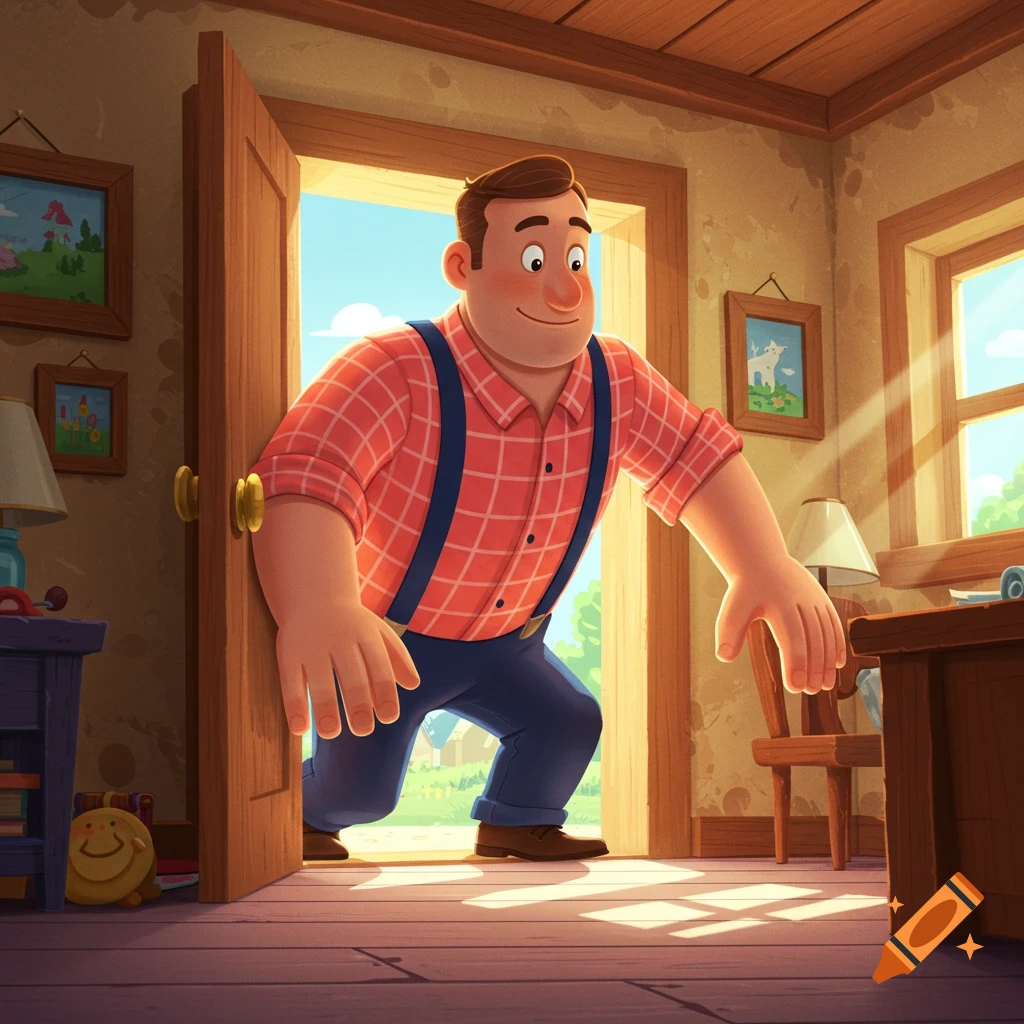 A large cartoon man in a plaid shirt and overalls carefully bends to walk through a doorway from a wooden house into a bright outdoor scene.