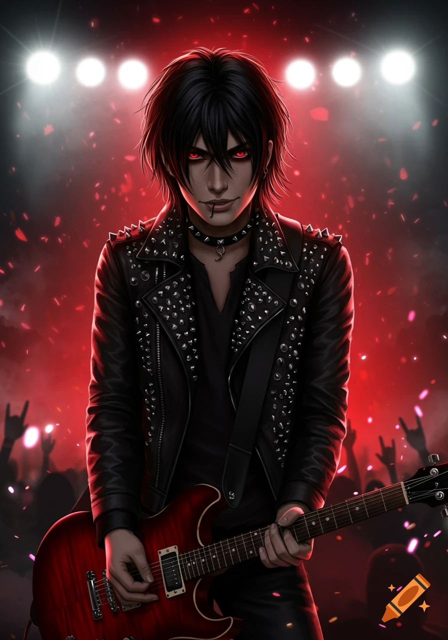 Anime-style illustration of a male rockstar with black hair, red eyes, and a studded jacket, holding a red guitar on stage.