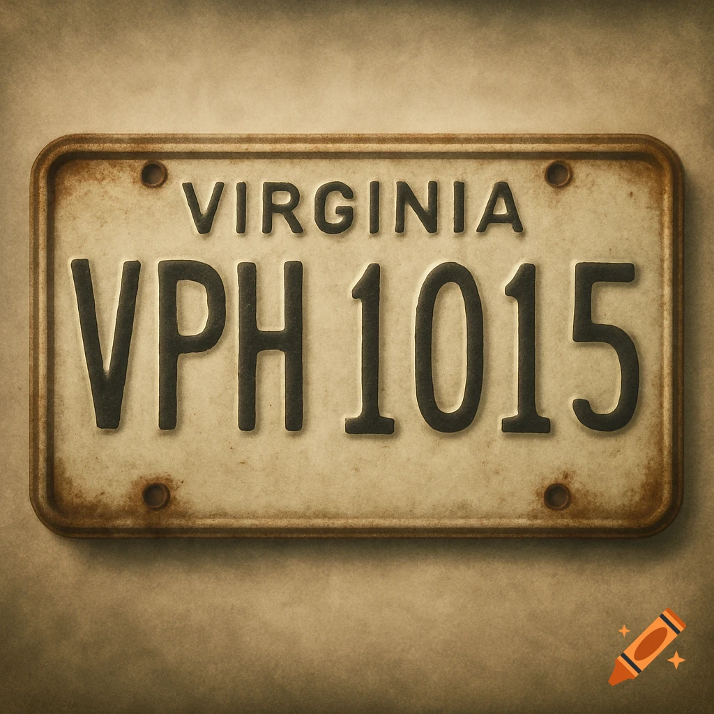 A close-up, grainy shot of an old Virginia license plate with 'VPH 1015' in the center.