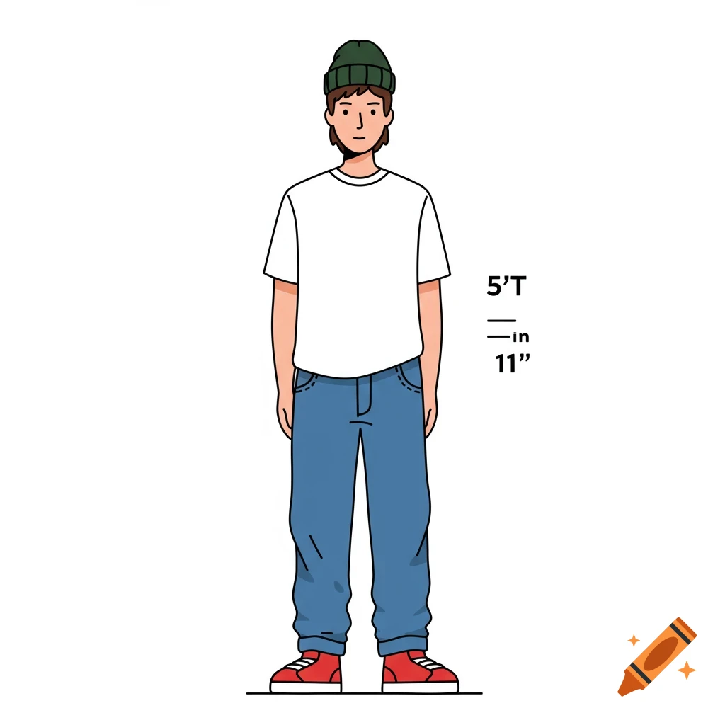 A standing man with a dark green beanie, white t-shirt, blue jeans, and red shoes, with text '5'T 11"' indicating height, in a simple 2D illustration style.
