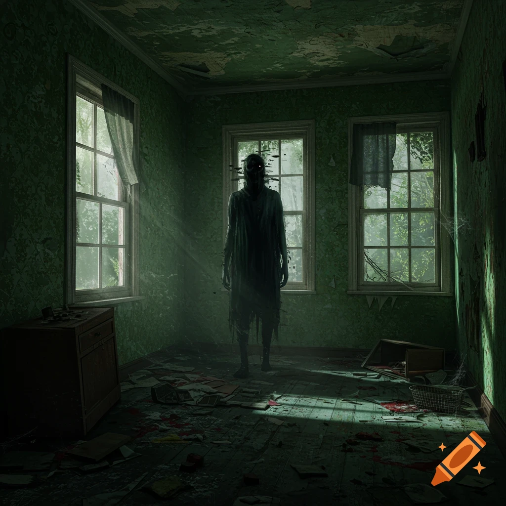 A shadowy, gaunt figure with a distorted, dark face and glowing eyes stands in a dilapidated green room filled with debris and sunlight streaming through windows.