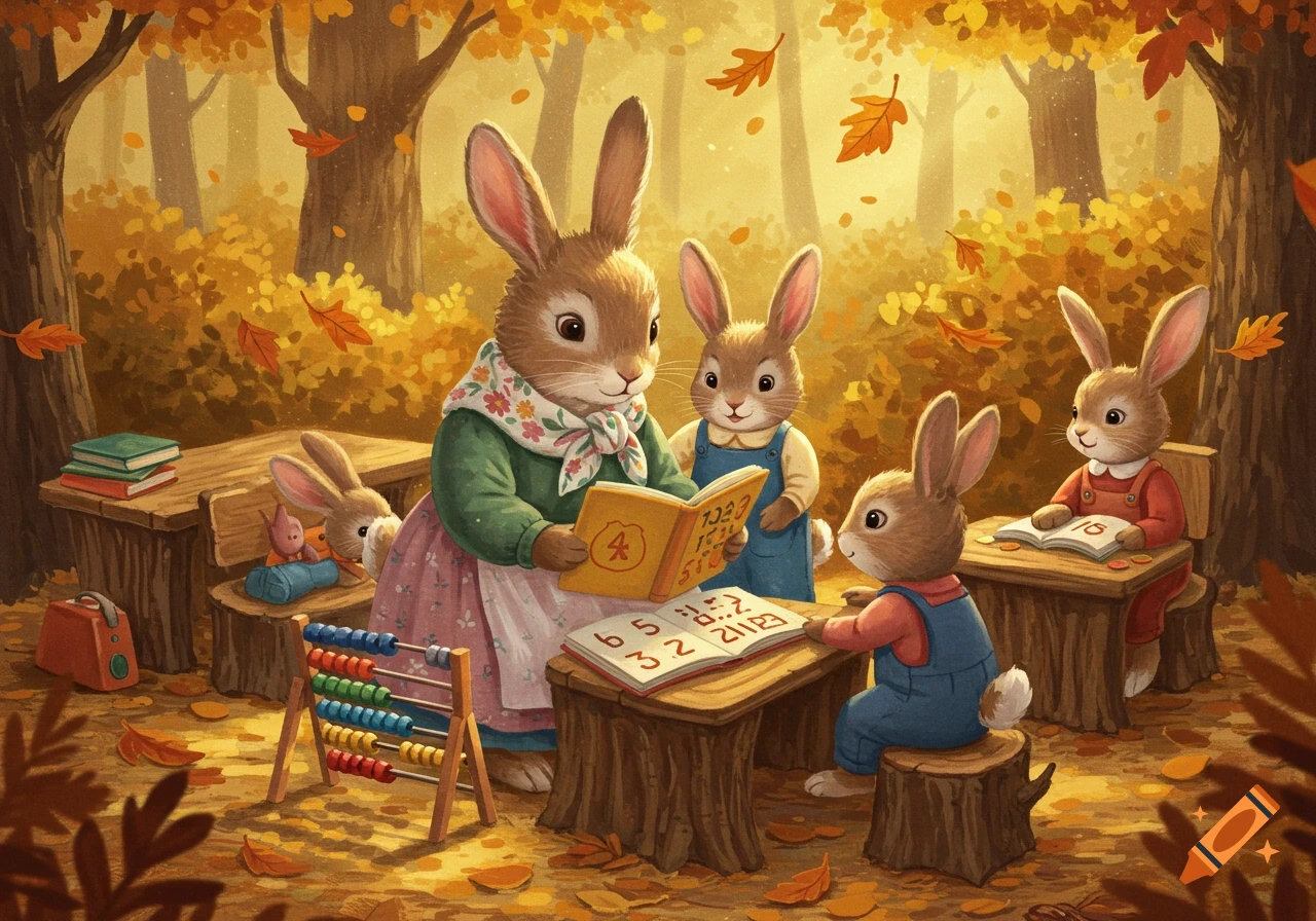 Illustrated scene of an adult rabbit reading to three young rabbits in an autumn forest school with an abacus and books.
