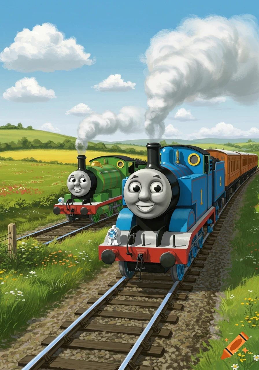 Thomas the Tank Engine and Percy, a green train, on parallel tracks in a sunny, green countryside cartoon.