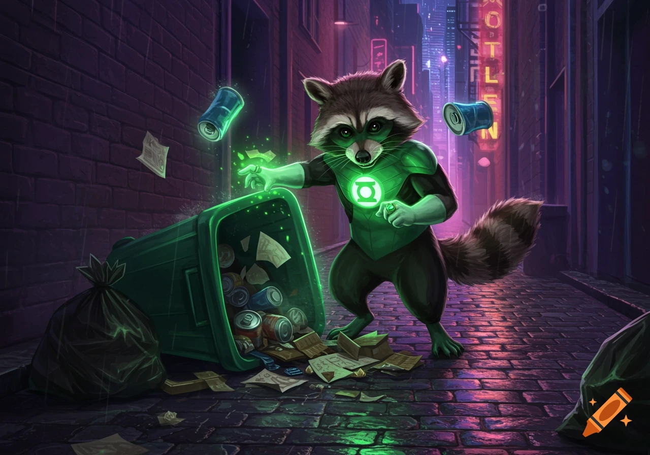 A raccoon in a green superhero suit with a glowing emblem uses green energy to levitate trash from a tipped bin in a dark, neon-lit alley.