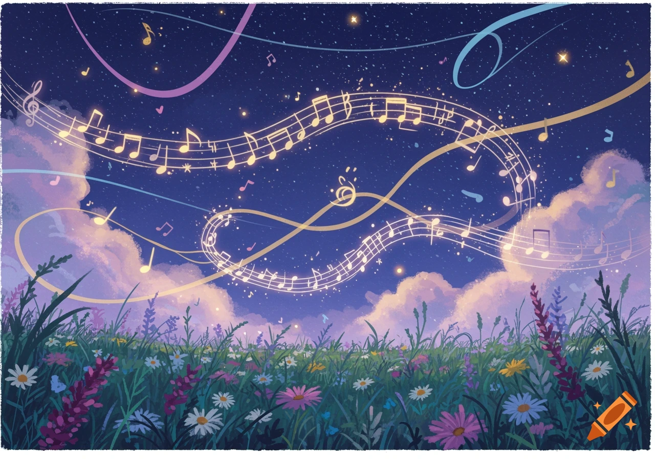 A vibrant, dreamy landscape featuring a field of colorful wildflowers under a dark blue night sky filled with stars. Golden musical notes float and swirl on illuminated staffs across the sky, emanating from glowing clouds.