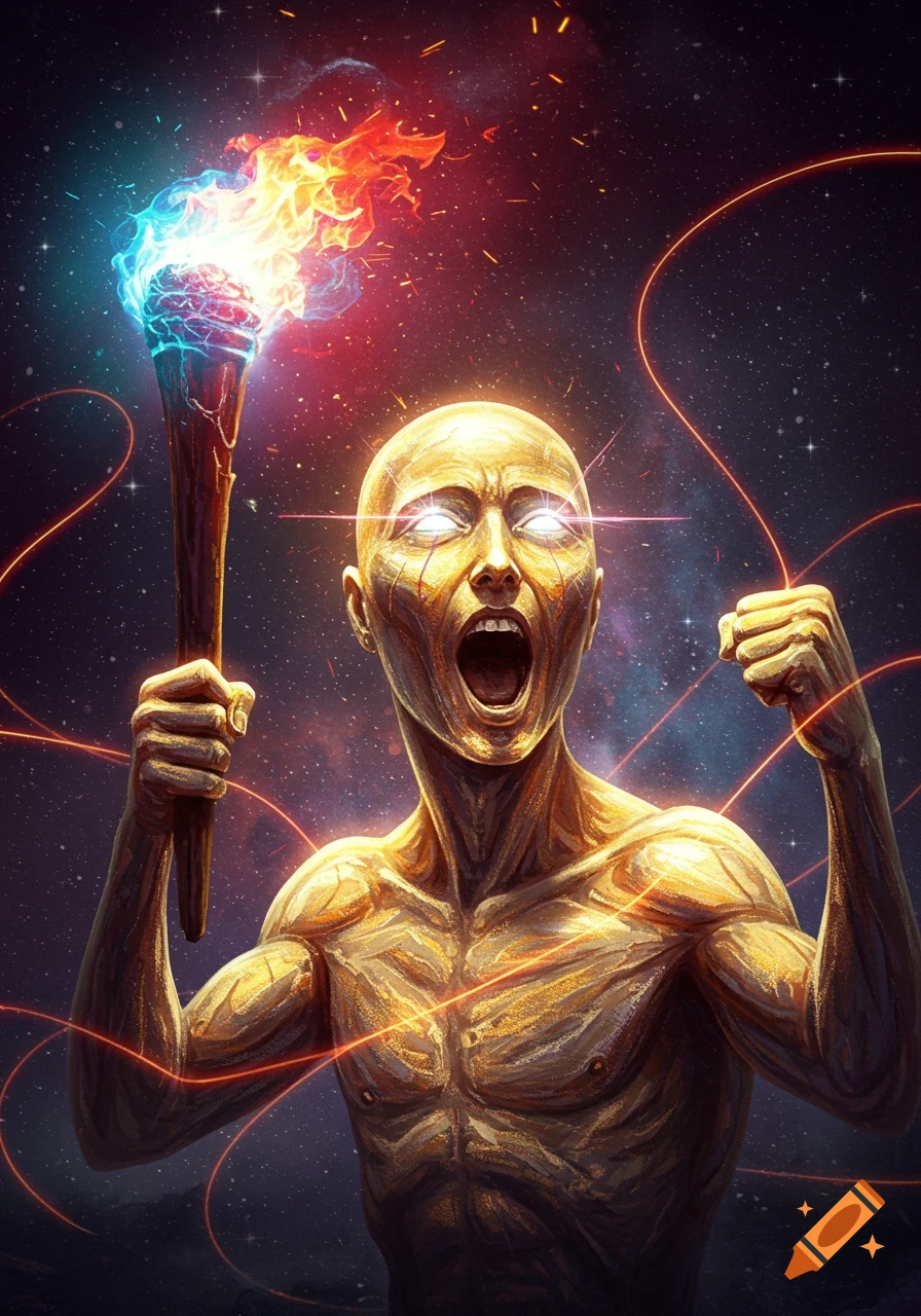 A screaming, golden-skinned figure with glowing eyes holds a multi-colored flaming torch against a starry cosmic background.