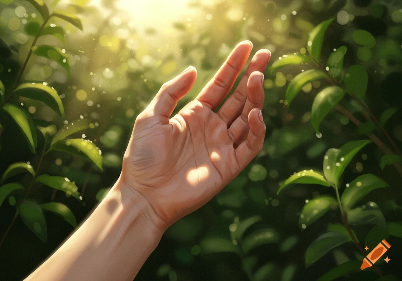 A hand reaching upwards into dappled sunlight filtering through green leaves with bright bokeh effects.