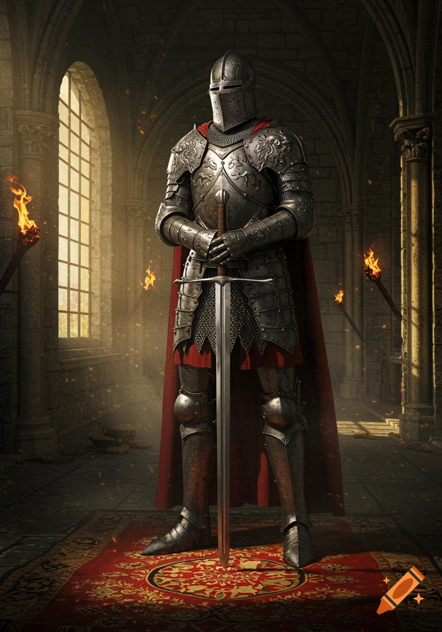 A photorealistic knight in full plate armor and red cape stands holding a sword in a castle hall with arched windows.