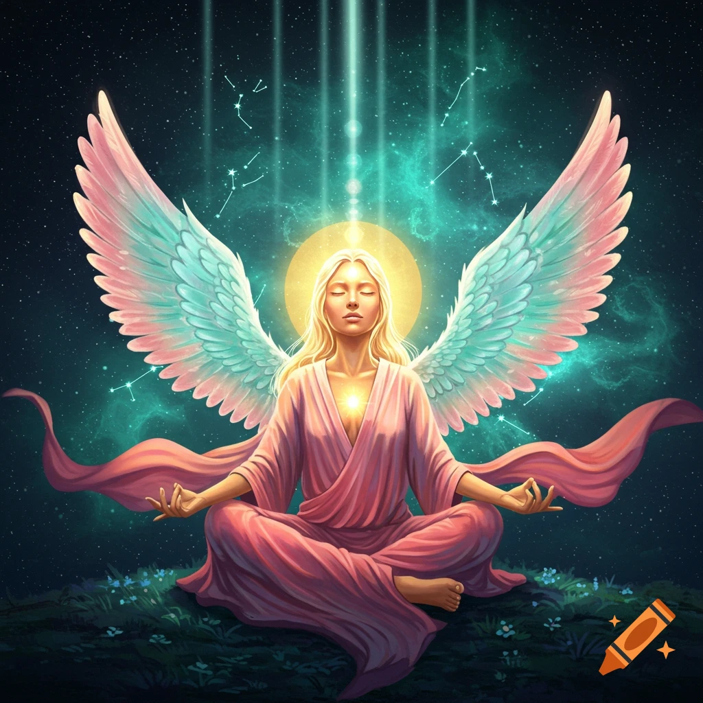 An angelic figure with large pastel wings meditates under a starry teal sky with light beams and constellations.