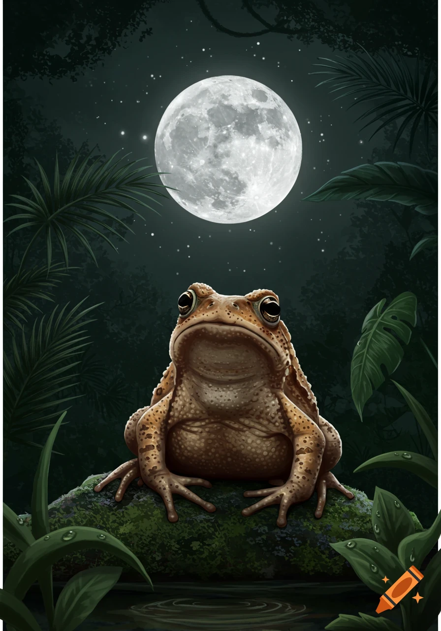 A close-up illustration of a Puerto Rican crested toad sitting on a mossy log, looking up at a large full moon in a dark, star-filled jungle night.