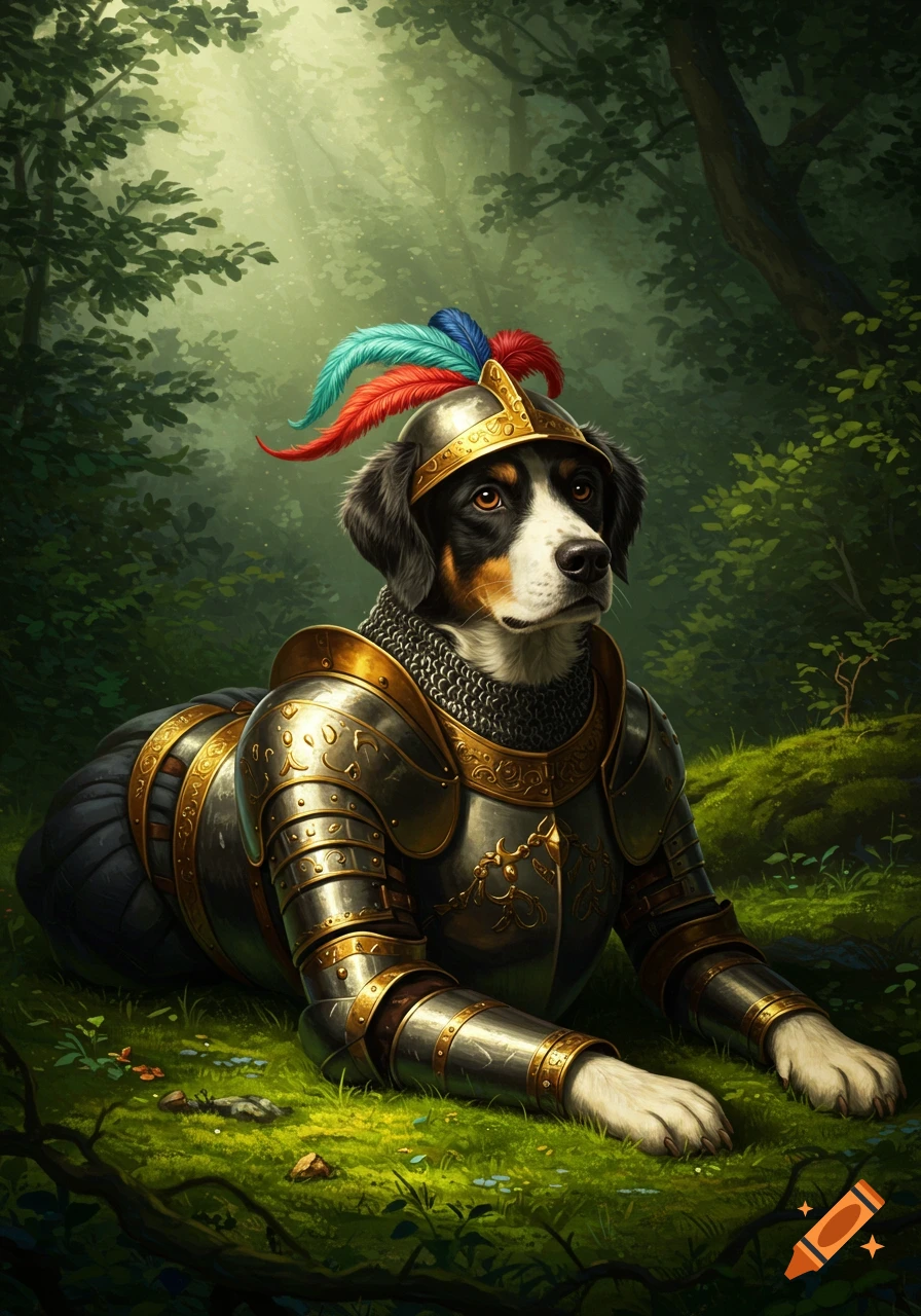A detailed illustration of a dog in medieval armor and a plumed helmet lying in a lush, sunlit forest.
