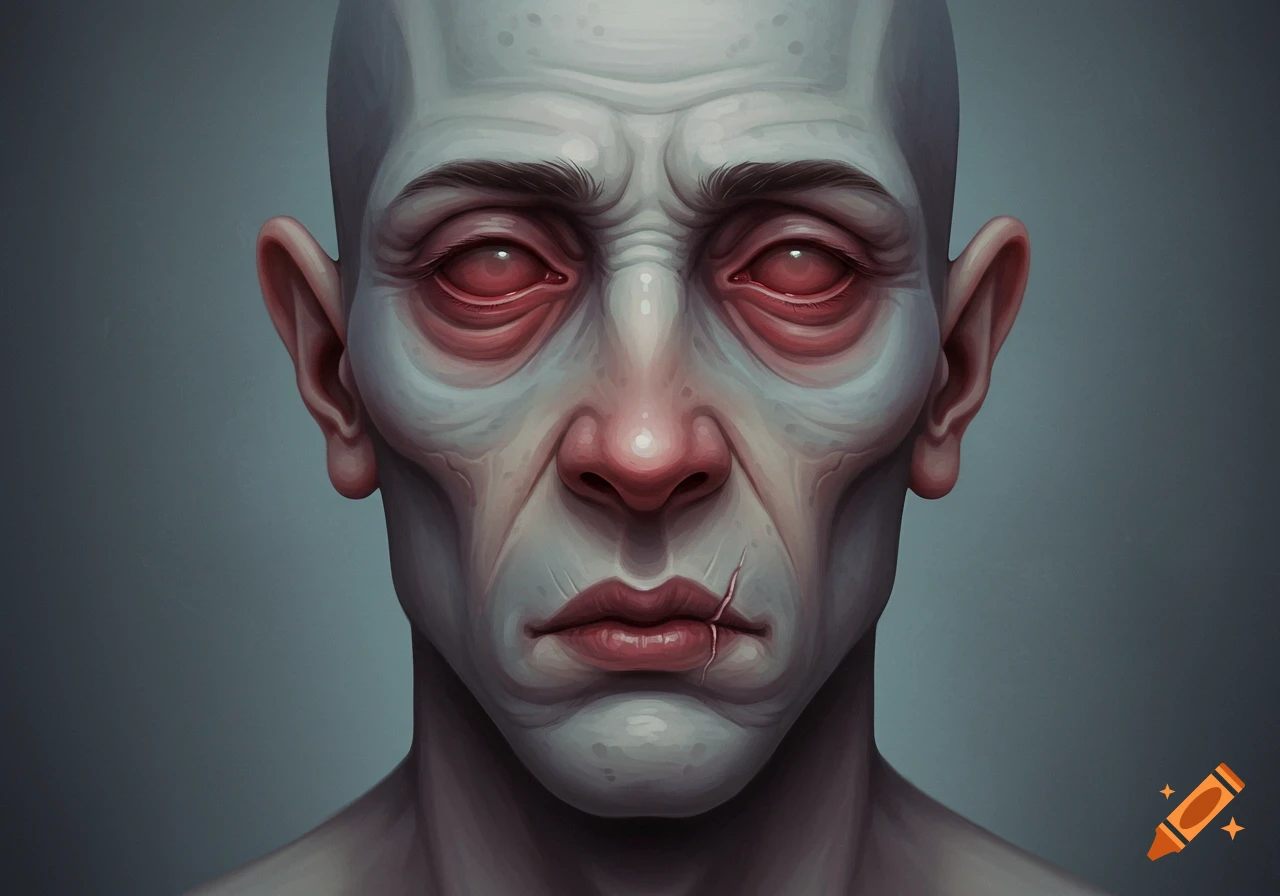 Close-up portrait of a pale, bald, grotesque figure with sunken red eyes, a large nose, deep facial creases, and a scar on its chin, in a stylized, waxy art style.