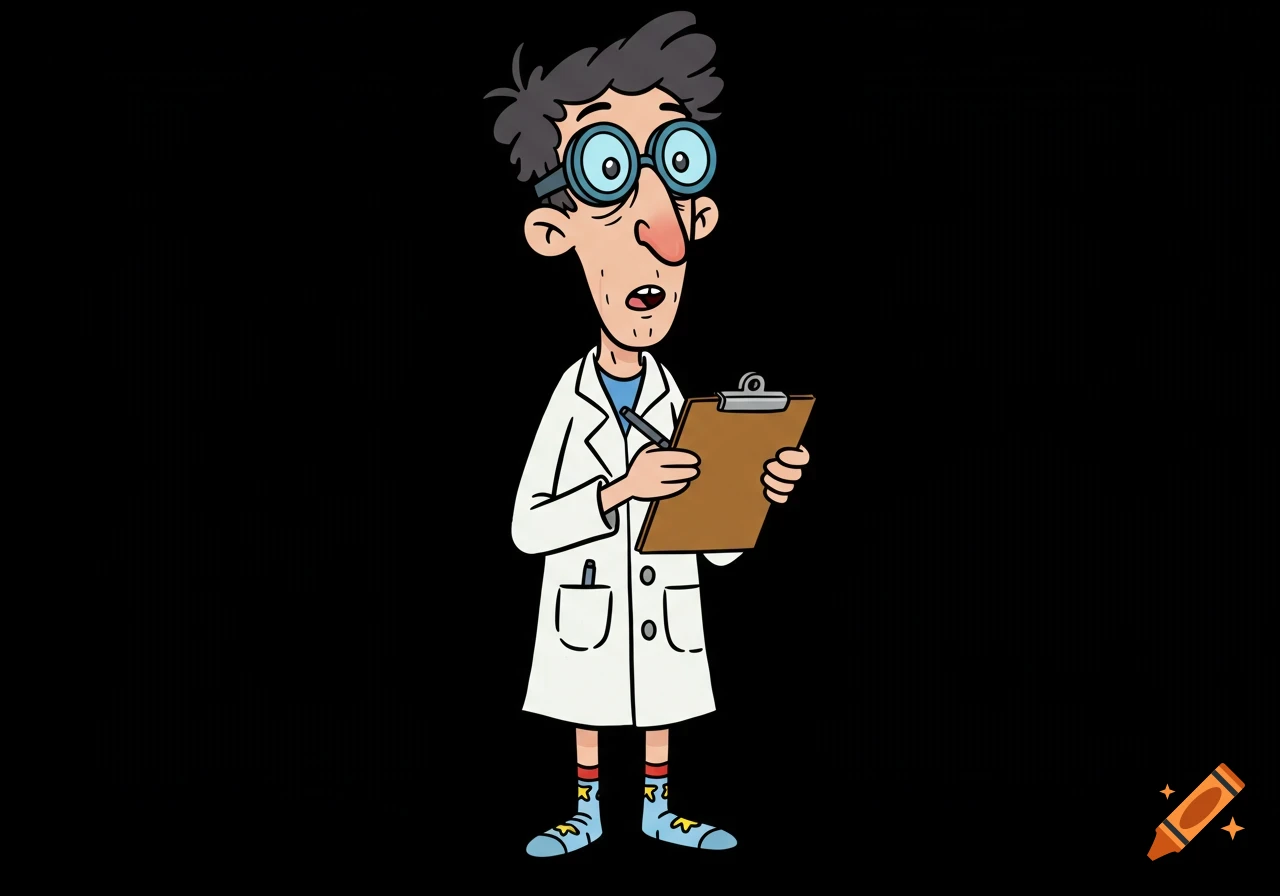 Cartoon scientist with messy hair, goggles, and a lab coat holding a clipboard.