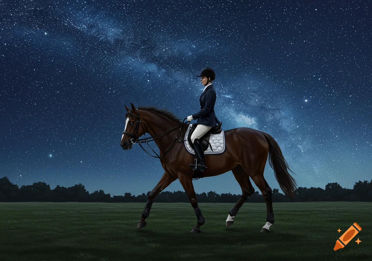 An English rider on a dark horse walks across a grassy field under a brilliant starry night sky.