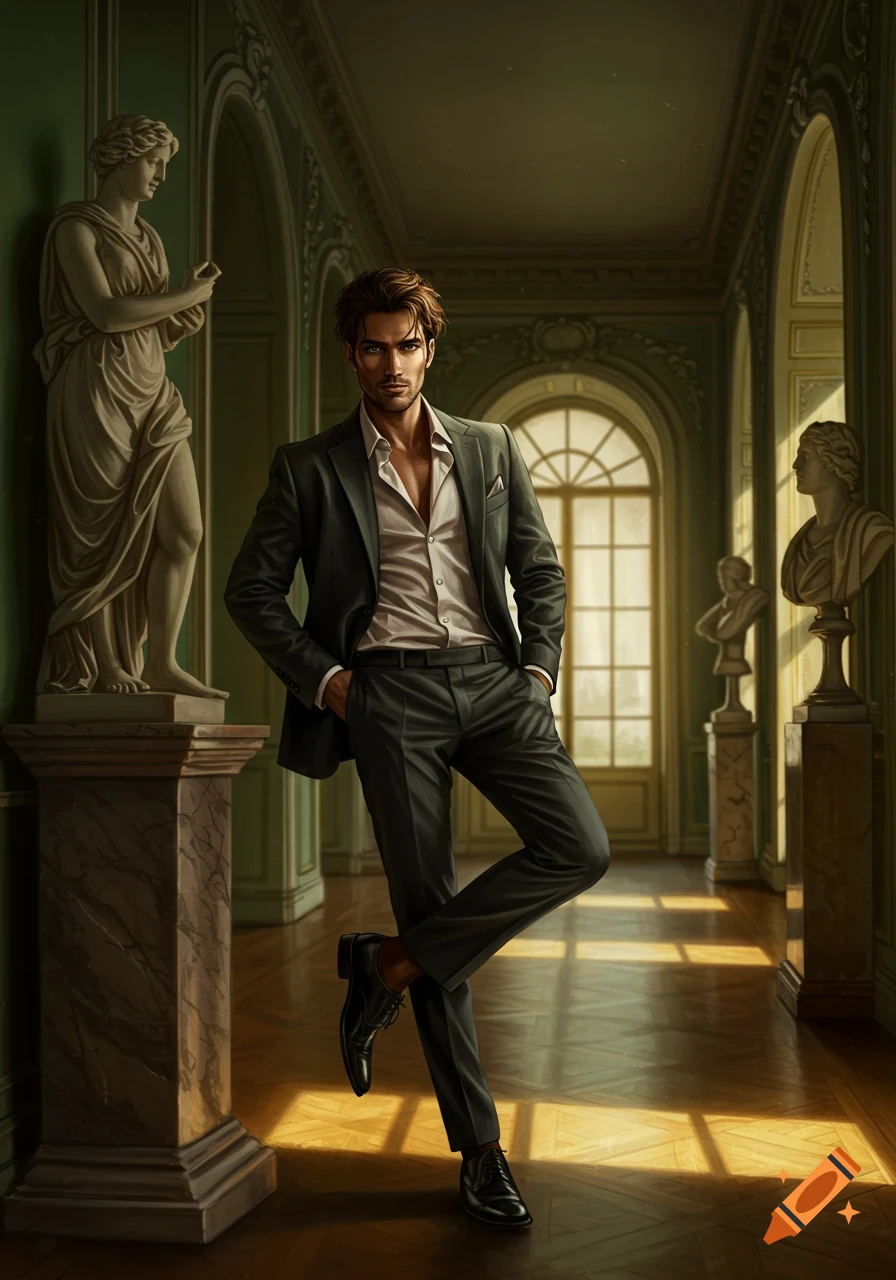 A handsome man in a dark suit leans casually against a marble pedestal with a statue in an elegant, sunlit hallway.