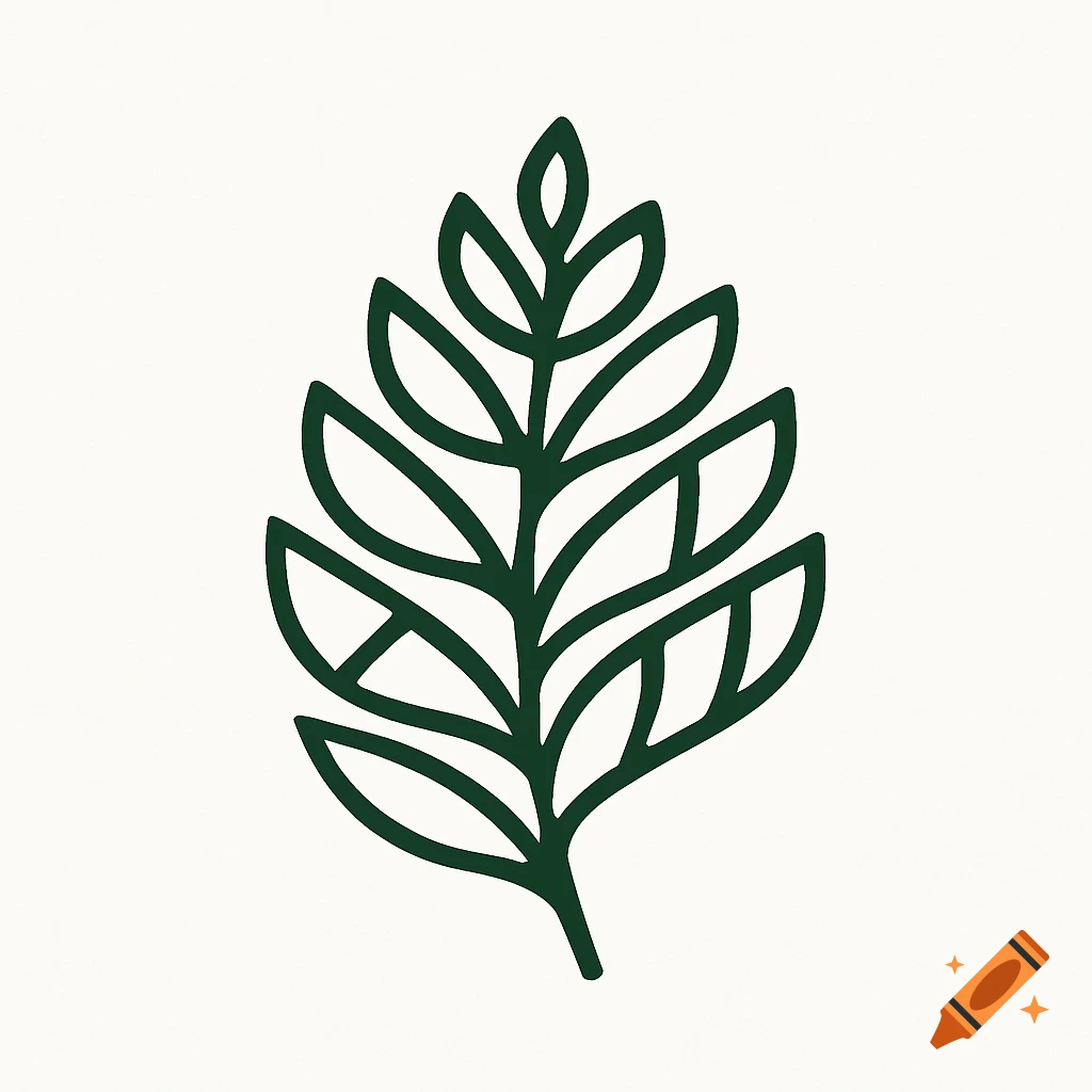 A simple, geometric dark green fern leaf design on a white background.